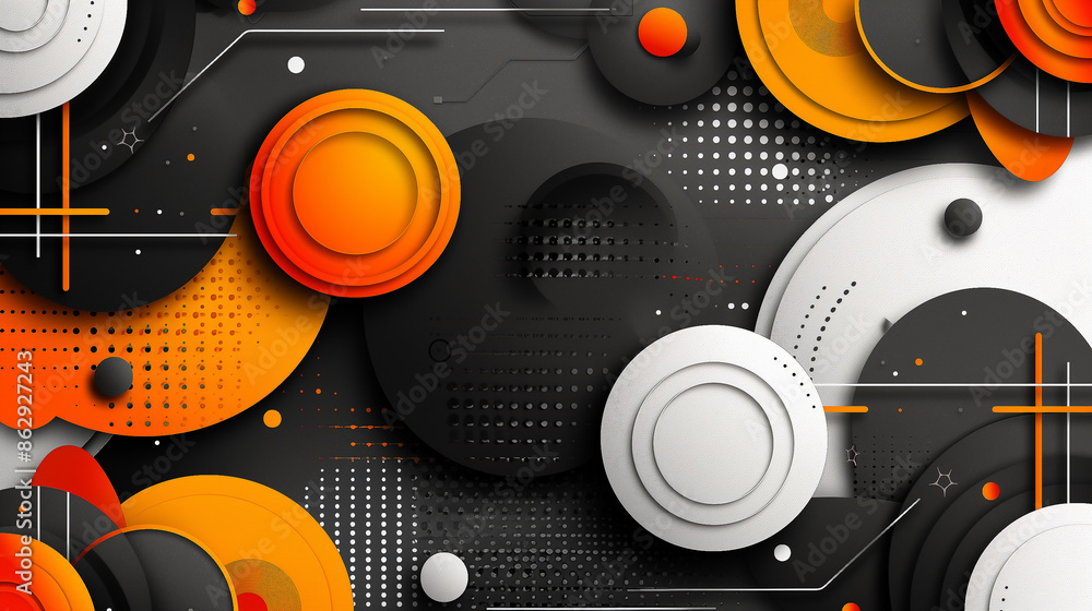 Poster abstract design with layered orange, black, and white circles, featuring lines and dotted patterns.