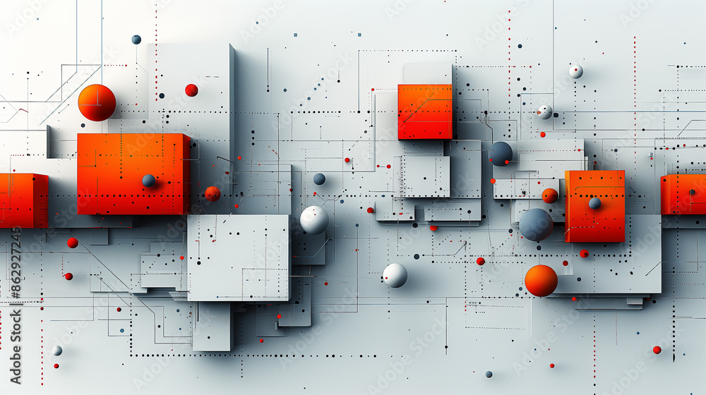 Poster abstract futuristic design with orange and gray cubes and spheres connected by intricate dotted line