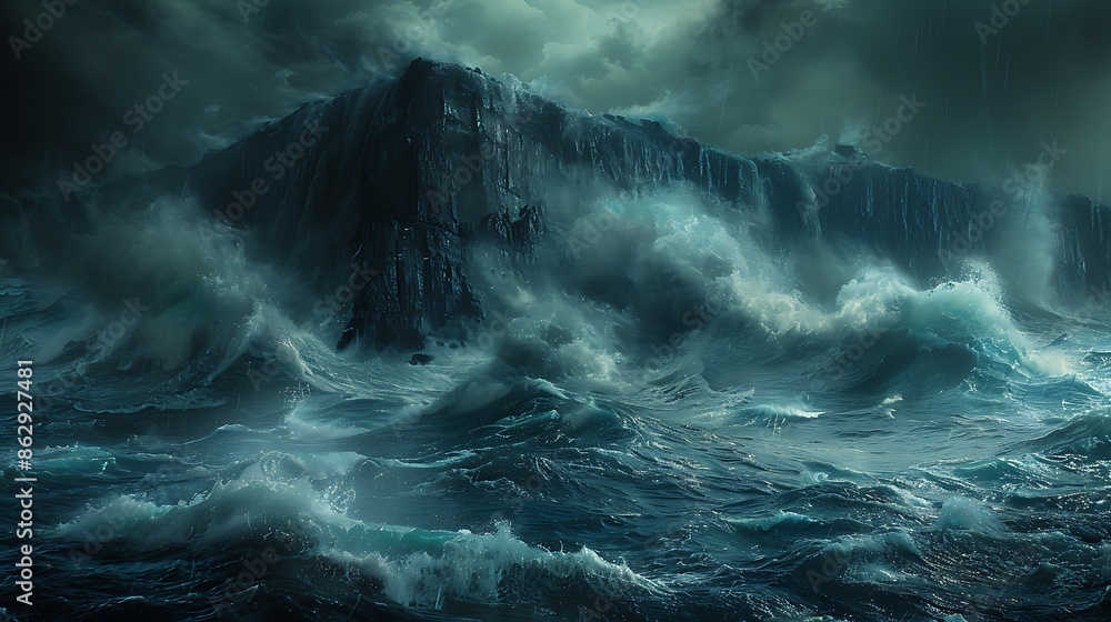 Poster stormy sea with towering waves crashing against rugged cliffs under a dark brooding sky