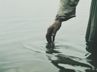 Hand of a man touching water in the lake.