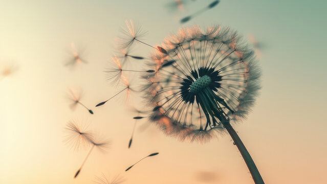 Dandelion seeds blowing in the wind against the background of a sunset sky.