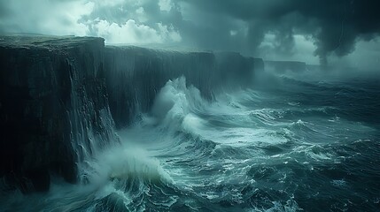 Stormy sea with towering waves crashing against rugged cliffs under a dark brooding sky