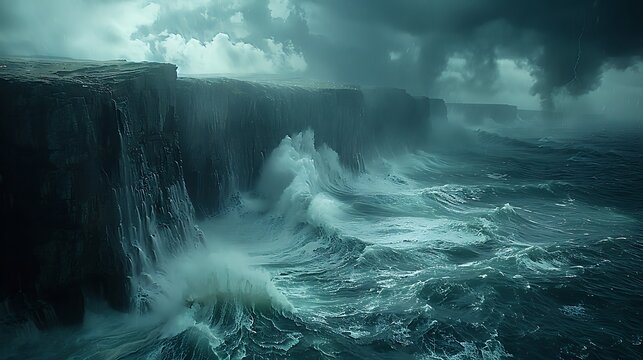 Stormy sea with towering waves crashing against rugged cliffs under a dark brooding sky