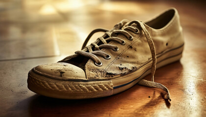 An old sneaker in the foreground on a polished wooden floor in the bedroom, with space for text.