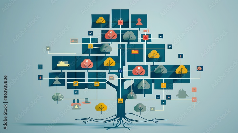Poster a tree with many branches and leaves is shown in a white background. the tree is surrounded by a lot