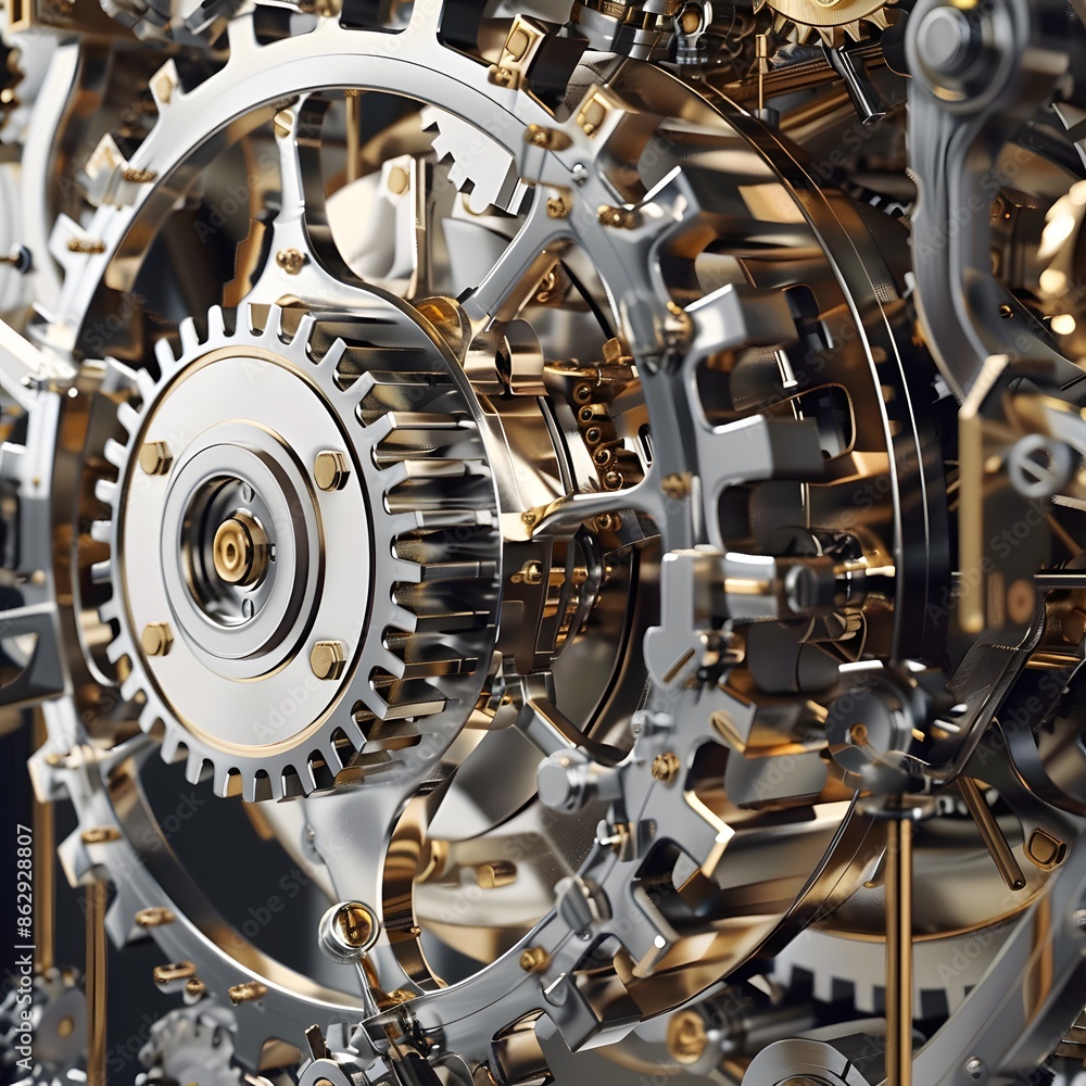 Poster a close up of a clock with many gears and a gold finish. the clock is very detailed and intricate, w