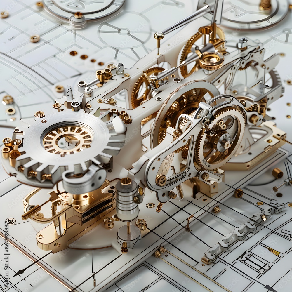 Poster a close up of a clock with many gears and a gold finish. the clock is very detailed and intricate, w