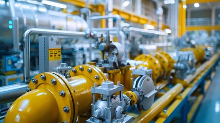 A large industrial plant with a large pipe in the middle. The pipe is surrounded by many other pipes and is surrounded by a yellow railing. Scene is industrial and mechanical