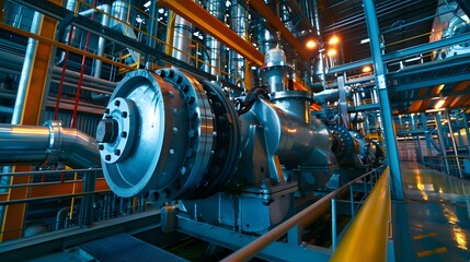 A large industrial plant with a large pipe in the middle. The pipe is surrounded by many other pipes and is surrounded by a yellow railing. Scene is industrial and mechanical