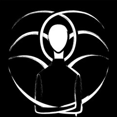 Unknown man without face crosses slender sharpened arms, long scary tentacles spreads on background, black and white icon or emblem