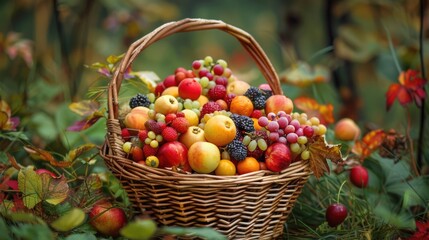 Foraged Bounty: Wild Fruit Basket in Lush Outdoor Setting