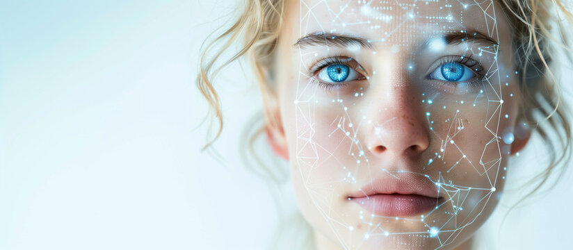 Portrait of a white pale female with a tech pattern overlay, a diverse cyber security analyst of artificial intelligence and the future of ai. Blonde hair and blue eyes. AI Generative.