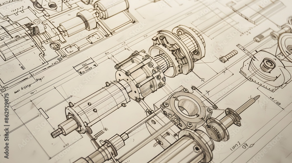 Poster a 3d model of a machine with many parts and gears. concept of complexity and precision, as well as t