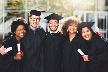 Graduation, achievement or portrait of students with smile at university for education, opportunity or success. College, happy or group of people hug at campus with knowledge, scholarship or diploma
