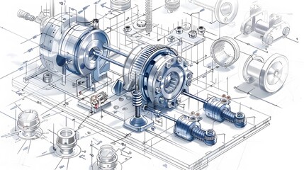 A 3D model of a machine with many parts and gears. Concept of complexity and precision, as well as the potential for advanced technology
