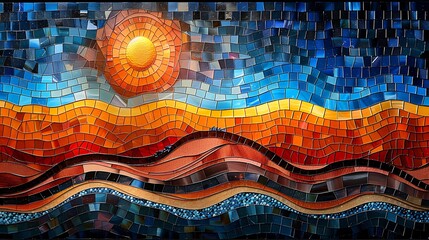 A stained glass mosaic of desert dunes, flowing wavy patterns, vibrant yellows and oranges, bright sun above, intricate designs, capturing the tranquility of the desert, hd quality, natural look --ar 