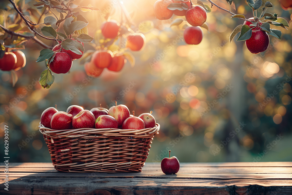 Sticker apples in the basket In the orchard