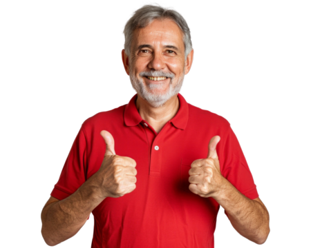 A man in a red shirt is giving a thumbs up - Powered by Adobe