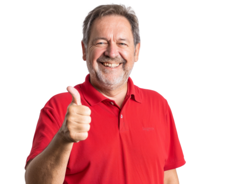 A man in a red shirt is giving a thumbs up