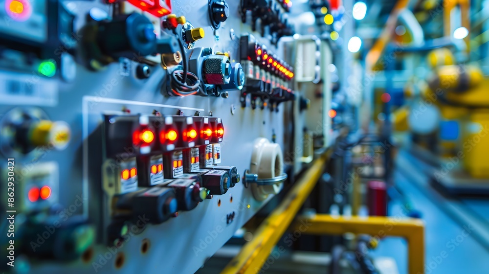 Poster a factory floor with a large number of electrical components. concept of industrial activity and the