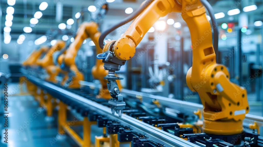 Poster a factory with robots working on a conveyor belt. the robots are yellow and white. the conveyor belt
