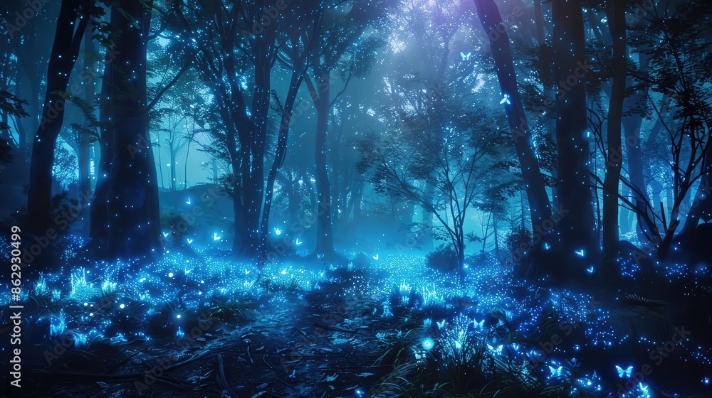 Poster Magical forest illuminated by glowing blue lights, creating an enchanting and mystical atmosphere with trees and shimmering flora.