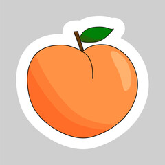 Sticker with ripe peach fruit with leaf, summer fruit vector illustration