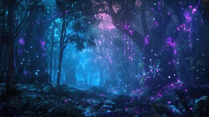 Fototapeta premium Enchanting fantasy forest with vibrant blue and purple glowing lights, evoking a magical and mystical atmosphere.