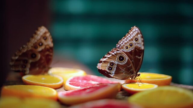 Two Menelaus blue morpho eating nectar from slices of oranges and grapefruits