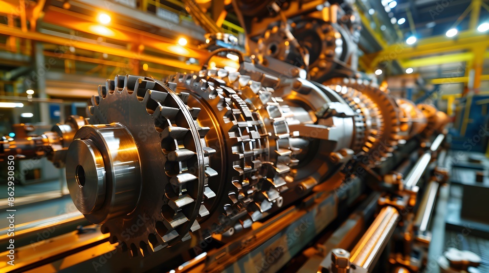 Poster a machine with many gears is being assembled in a factory. concept of industrial production and the 