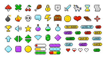 Game pixel interface and gaming items, 8 bit buttons. Games UI, gaming controller arrows. Pixel menu resources, level, live bars and buttons.
