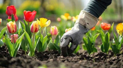 Fototapeta premium Gardener Tending to Vibrant Spring Blooms: Cultivating Tulips, Daffodils, and Hyacinths with Care and Dedication