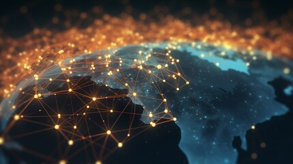 Advanced digital rendering of Earth, with intricate lines and network connections highlighting its surface.