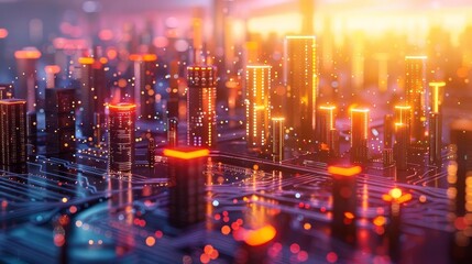 Fototapeta premium Morning light breaking through a futuristic cityscape, Warm colors, 3D rendering, Neon, Hopeful