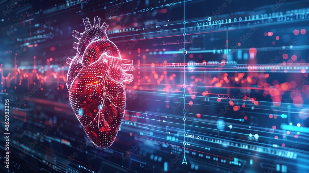 Poster digital illustration of a human heart with data and analytics graphics, emphasizing technology's imp