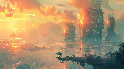 Fototapeta premium Morning light over a digital meadow with robotic animals, Warm colors, Futuristic, Digital painting, Tranquil