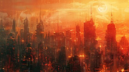 Obraz premium Morning light filtering through a digital cityscape, Warm colors, Futuristic, Digital painting, Tranquil