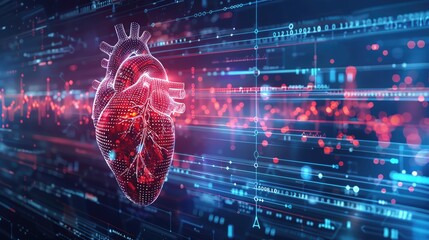 Digital illustration of a human heart with data and analytics graphics, emphasizing technology's impact on healthcare and cardiology.