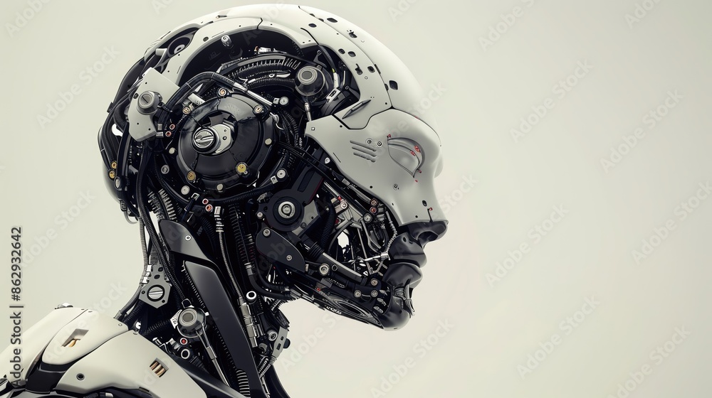 Poster side profile of a futuristic robot with intricate mechanical details, showcasing advanced technology