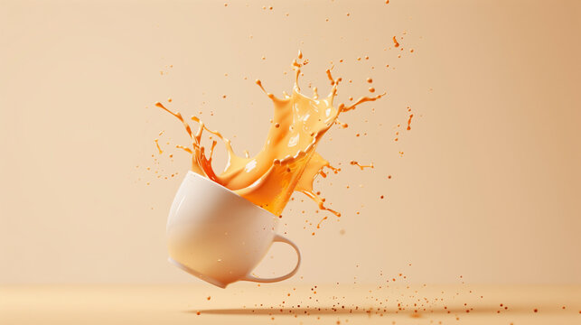 
Creative cup mockup with a dynamic scene of coffee splashing out as the cup appears to float in mid-air. The background is a clean, neutral color to highlight the action.