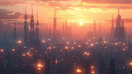 Twilight over a futuristic metropolis with glowing buildings, Warm hues, Futuristic, 3D rendering, Tranquil