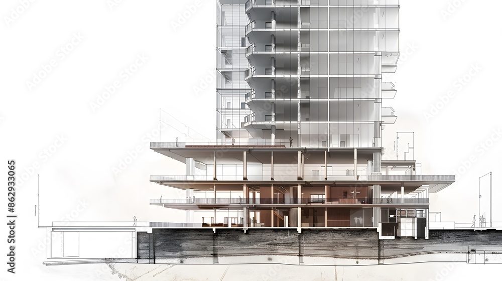 Poster a building with many floors and a lot of windows. the building is very tall and has a lot of space i