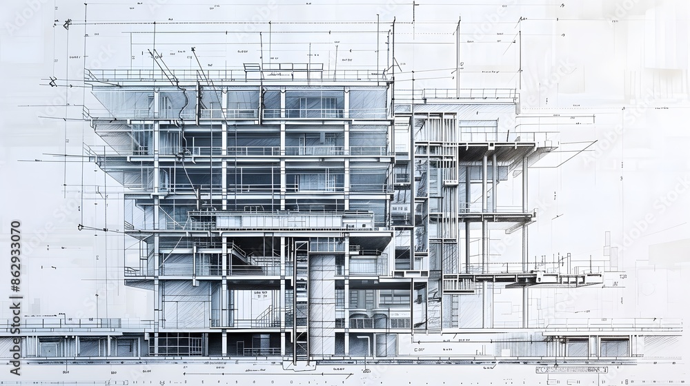 Poster a building with many floors and a lot of windows. the building is very tall and has a lot of space i