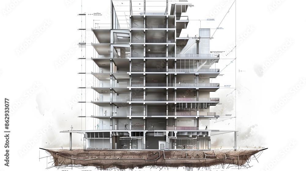 Poster a building with many floors and a lot of windows. the building is very tall and has a lot of space i