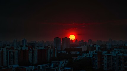 Fototapeta premium red sun in the heart of darkest night city.