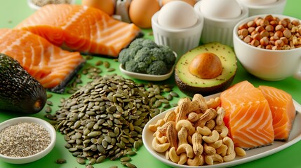 A vibrant selection of nutrient-rich foods including salmon, nuts, seeds, and vegetables arranged on a green background.
