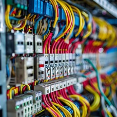 Wires of different colors and sizes The power cord is connected to the power source. The wires are colorful and neat.