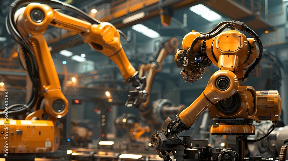 Poster a factory with robots working on a conveyor belt. the robots are yellow and white. the conveyor belt