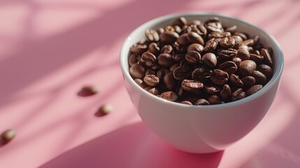 Fototapeta premium A white cup filled with coffee beans photographed in closeup on a pink surface