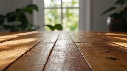 Close-up of green leaves overhanging a wooden table, illuminated by sunlight with a blurred natural background, creating a tranquil outdoor scene.